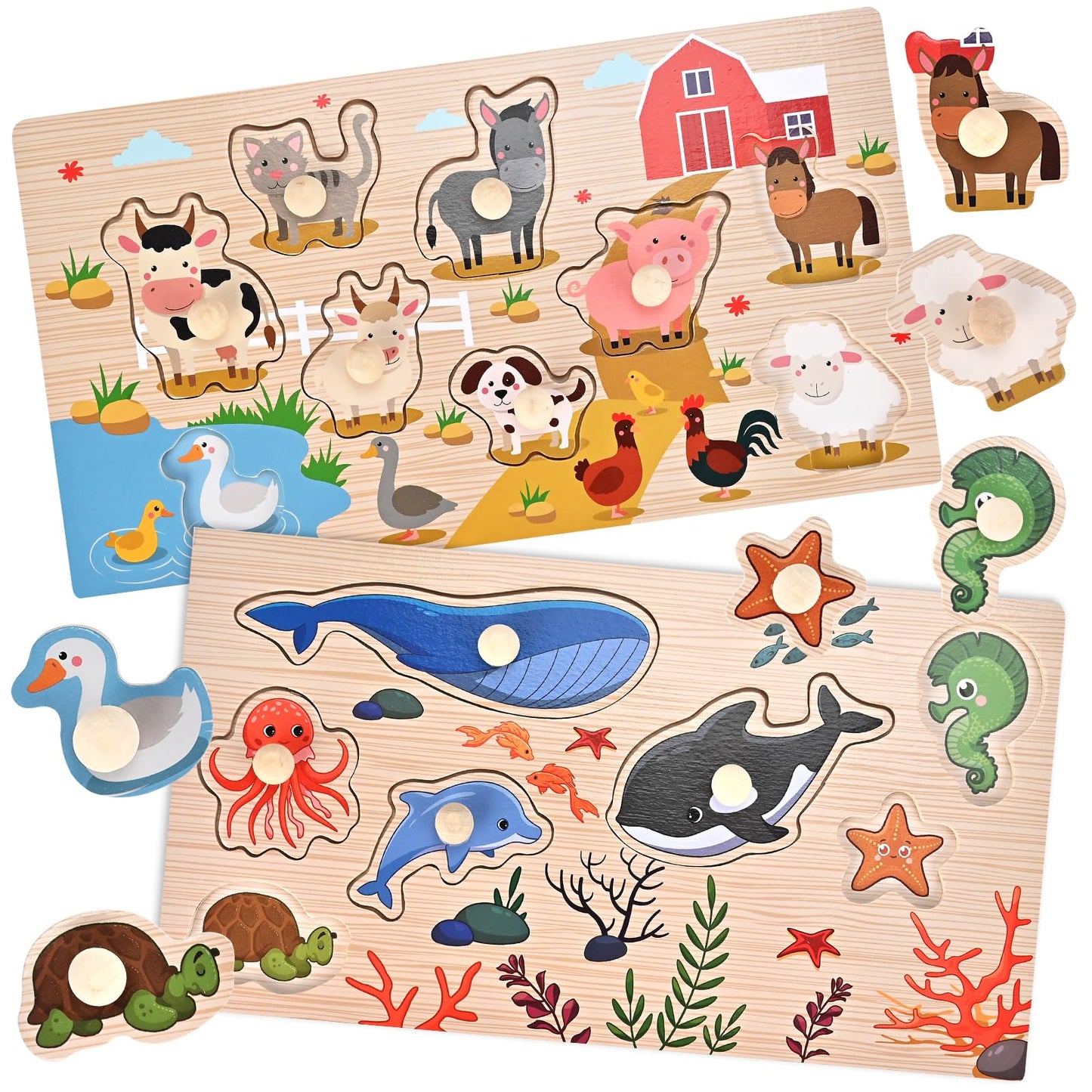 Wooderma Wooden Peg Puzzles For Toddlers 1 2 3 Years Old, 2 Pack Montessori Educational Learning Puzzles Set, Toddler Puzzles To
