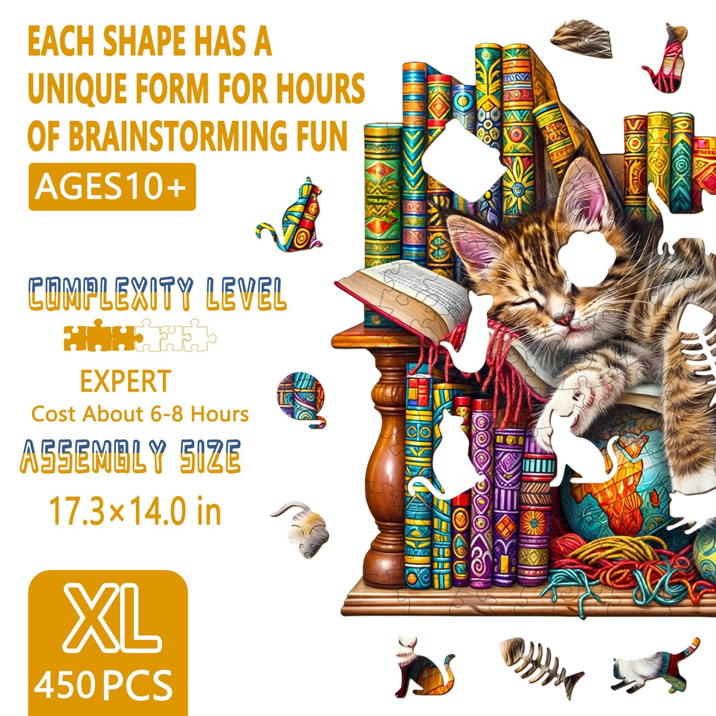 Wooden Puzzles for mature-themeds  Snoozing Cat Wooden Jigsaw Puzzles for mature-themeds  Library Kitten Wood Puzzles mature-themed  Unique Animal Shape  Gifts for Cat Lovers & Friends  Home Decor (XL -17.3 * 14in -450 pcs)