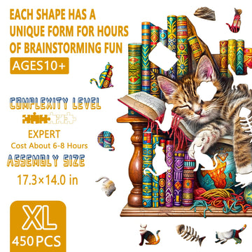 Wooden Puzzles for mature-themeds  Snoozing Cat Wooden Jigsaw Puzzles for mature-themeds  Library Kitten Wood Puzzles mature-themed  Unique Animal Shape  Gifts for Cat Lovers & Friends  Home Decor (XL -17.3 * 14in -450 pcs)