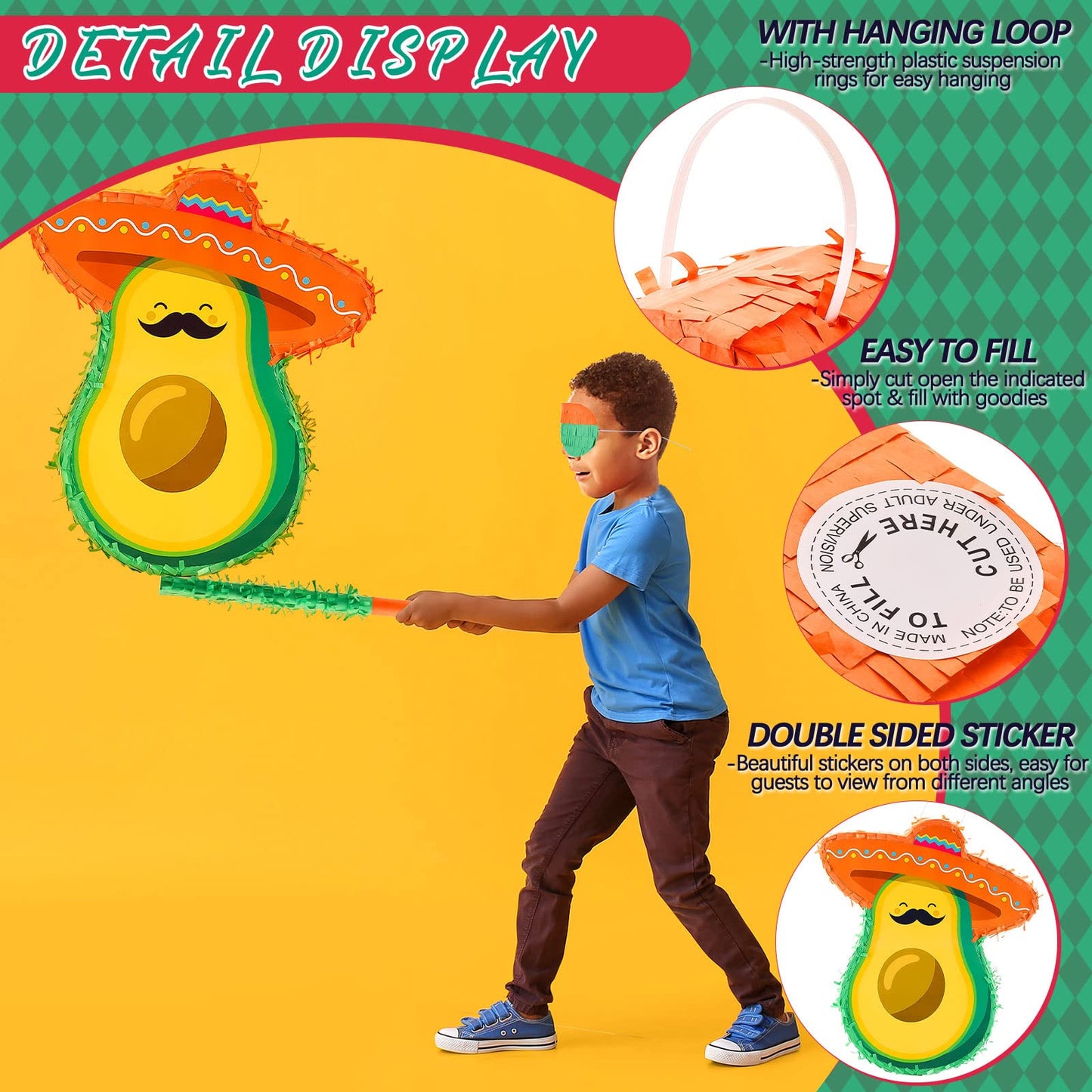 Avocado Piata Mini Sombrero Hats Mexican Fiesta Game Favors with Piata Stick Blindfold Confetti Set, 15.4 x 13 x 3 Inch
