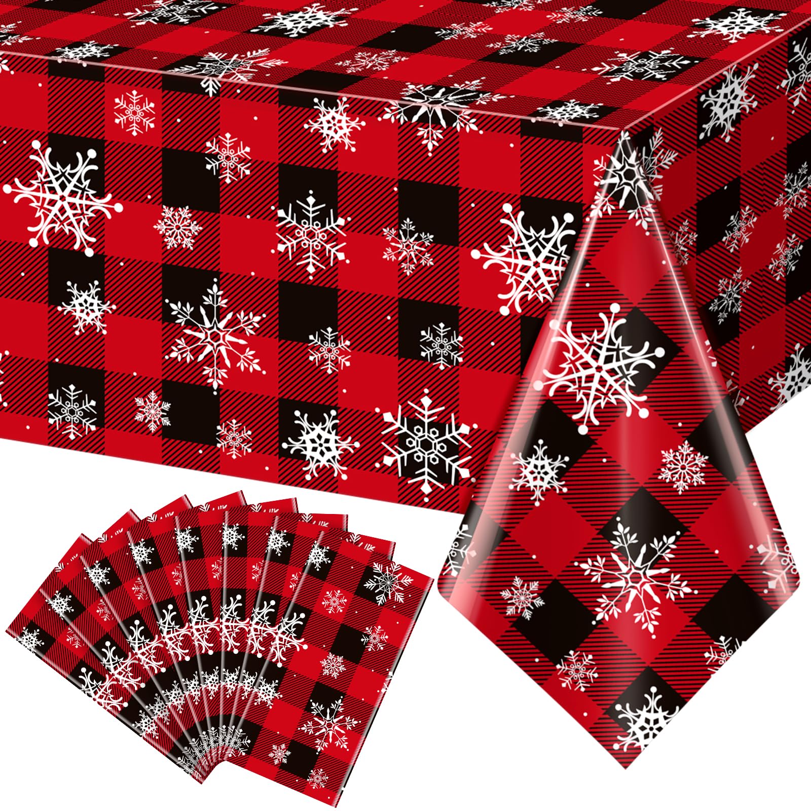 8 Pieces Red and Black Buffalo Plaid Merry Christmas Party Tablecloth Decorations,Plastic White Snowflake Buffalo Plaid Sign Tab