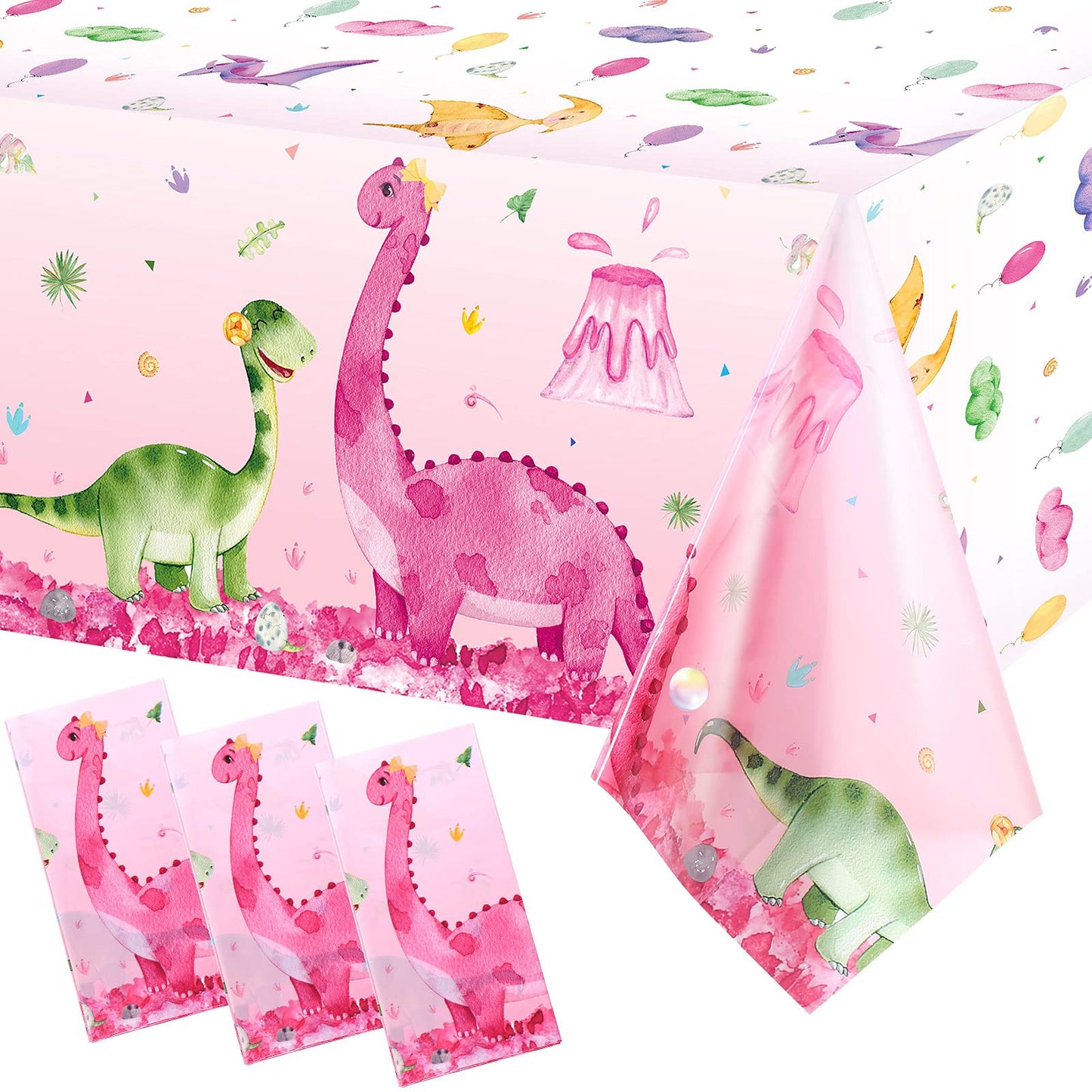 3 Pieces Dinosaur Party Tablecloths Pink Dinosaur Table Covers Plastic Disposable Dinosaur Printed Table Cloths Rectangular Dino