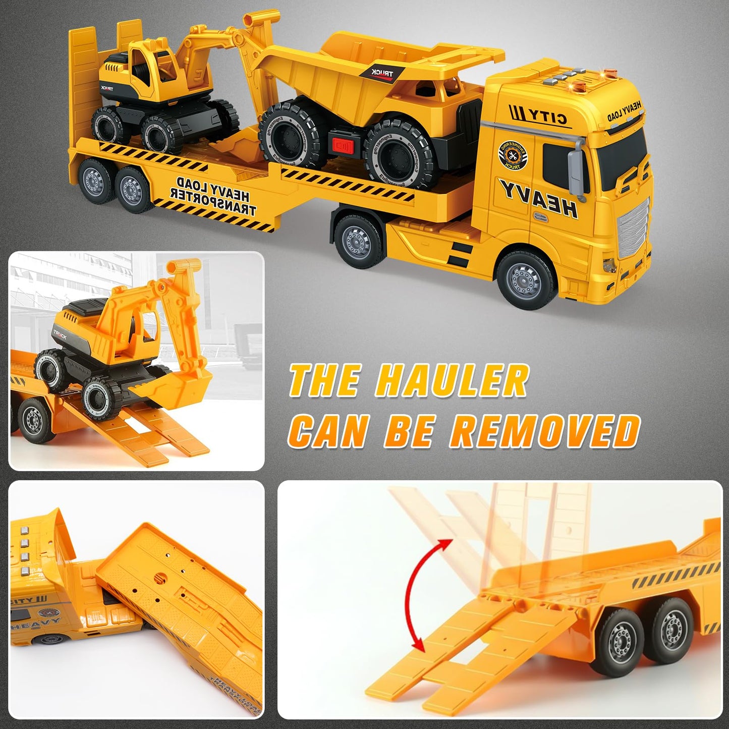 Yiwsnust Construction Carrier Truck Set - Large 25.6'' Semi-Trailer with Excavator & Dump Truck, Yellow, Plastic, Model 666-68F