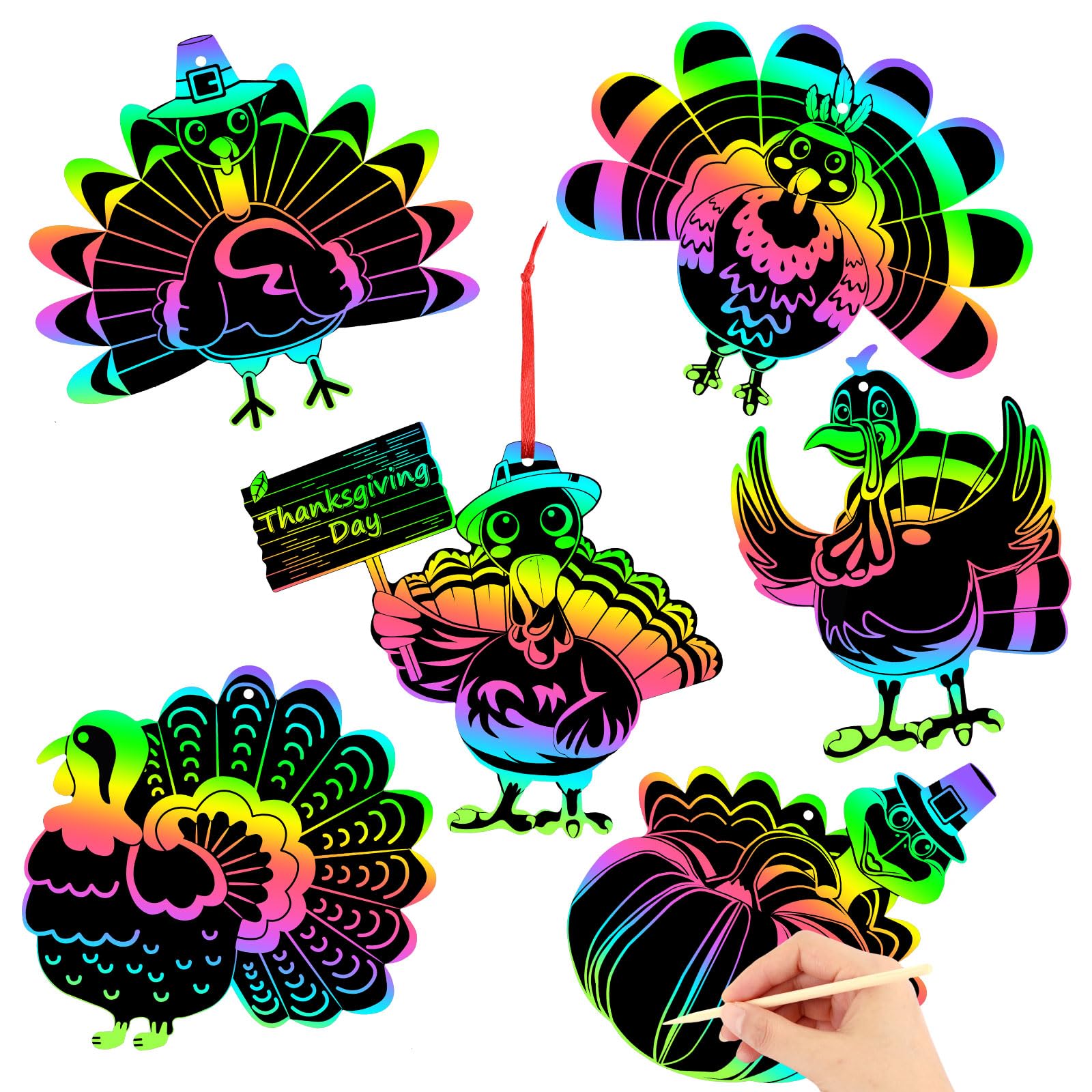 JULMELON 36Pcs Thanksgiving Fall Arts and Crafts, Rainbow Scratch Paper Art Cute Turkey Crafts for School Classroom Activity Aut