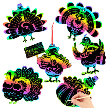 JULMELON 36Pcs Thanksgiving Fall Arts and Crafts, Rainbow Scratch Paper Art Cute Turkey Crafts for School Classroom Activity Aut