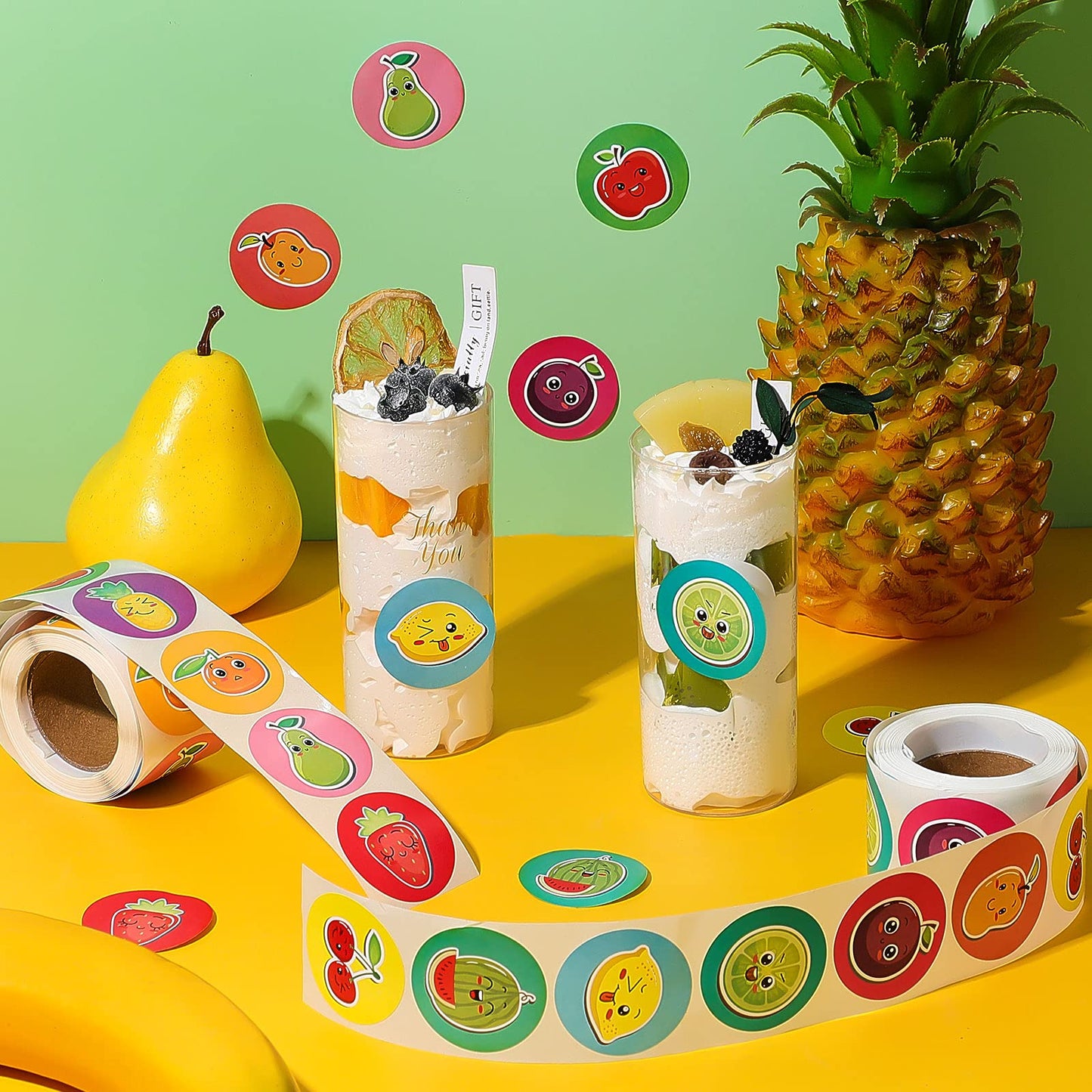500 Pcs Fruit Roll Stickers, Happy Fruit Stickers, Colorful Fruit Smile Face Stickers Lovely Apple Orange Banana Pear Grapes Sti