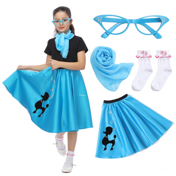 Rabtero Kids Sock Hop Costume, Girls 1950S Dress Costume, 50'S Poodle Skirt With Scarf, Glasses And Socks For Girls 12-14, Large, Blue