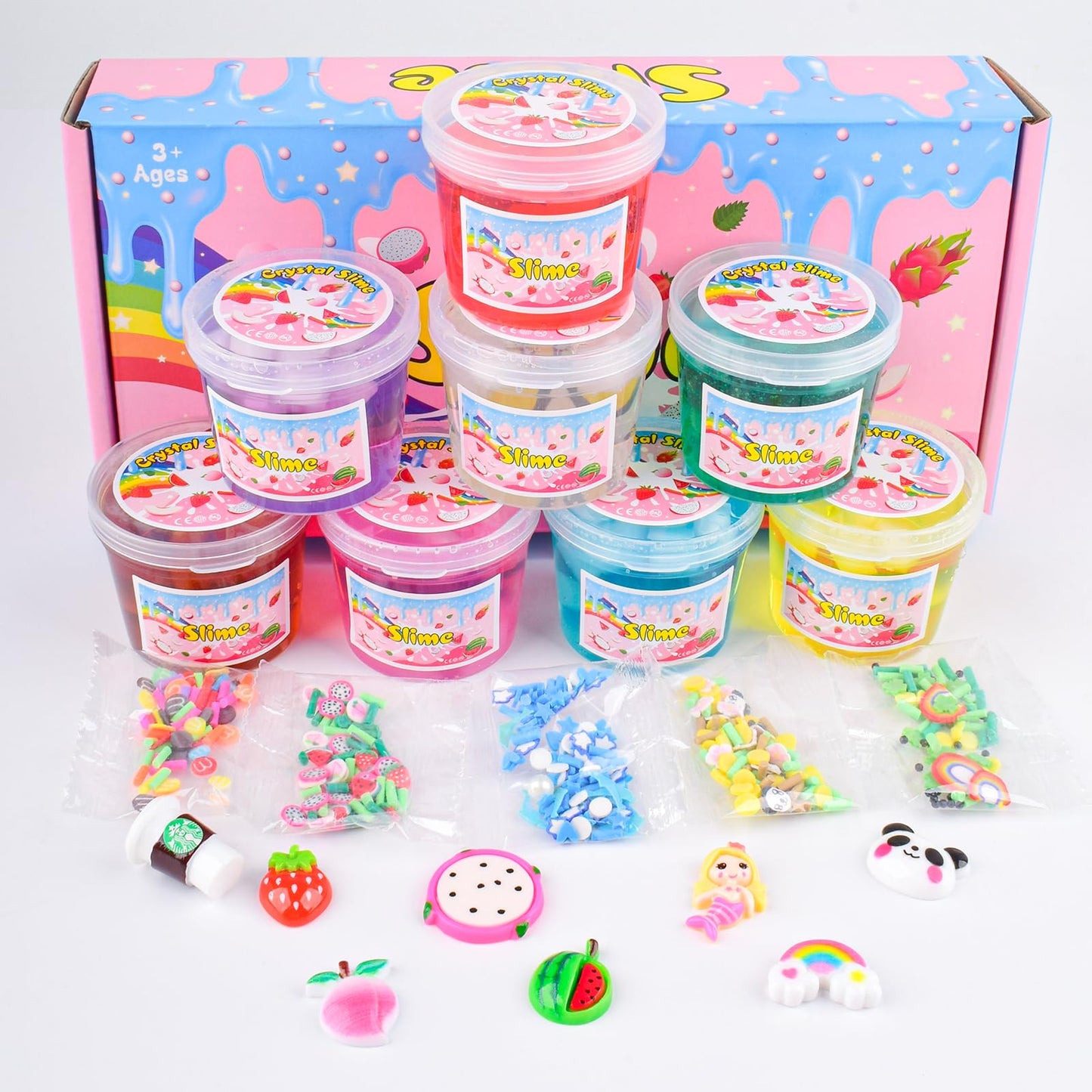 8 Pack Jelly Cube Clear Slime Kit, Crunchy Slime with Peach, Strawberry and Watermelon Charms, Super Soft and Non-Sticky, Stress