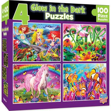 Masterpieces - Jigsaw Puzzle Set For Kids 6+ Years, 4-Pack Of 100 Pieces, Educational And Fun Game, Purple Glow In The Dark Coll