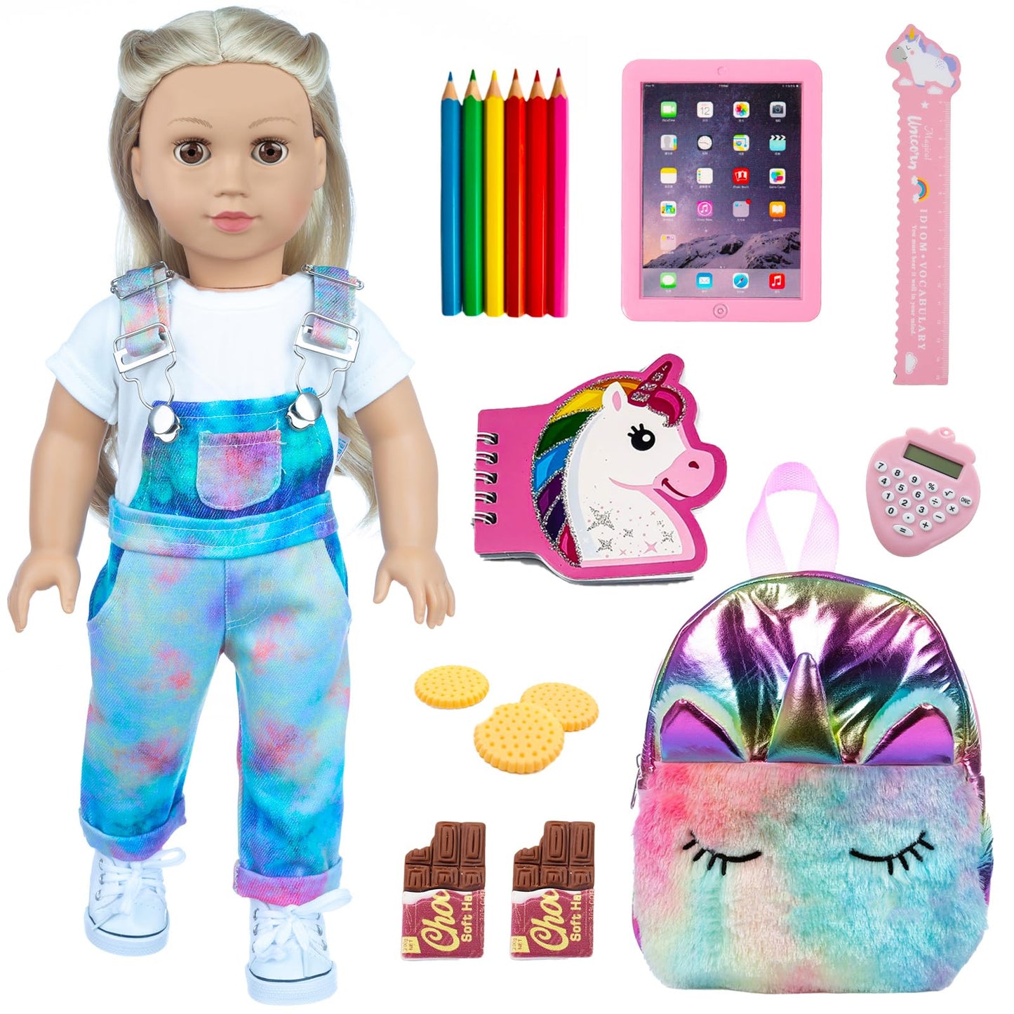 Dontno American 18 Inch Doll Accessories, Cute School Supplies Set For 18 Inch Doll- Doll Clothes, Denim Suspenders, Doll Bag, Pencil, Ruler, American Doll For Kids