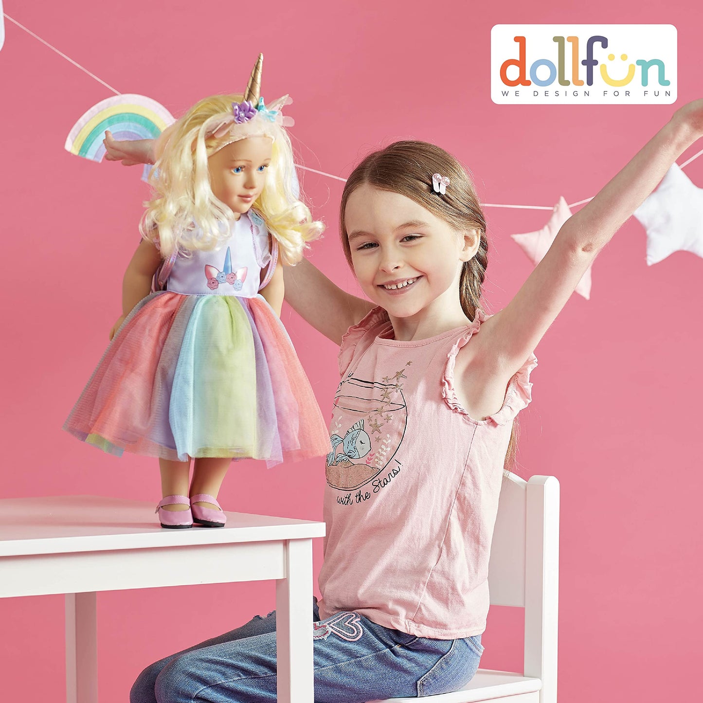 DOLLFUN 18 inch Doll Clothes and Accessories  Unicorn Dress Set Includes Shoes  Unicorn Headbands & Backpack(Compatibie with Most 18 Inch Doll)