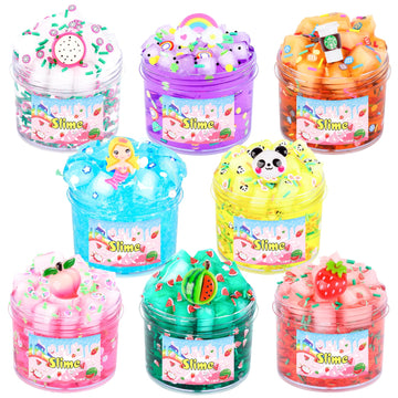 8 Pack Jelly Cube Clear Slime Kit, Crunchy Slime with Peach, Strawberry and Watermelon Charms, Super Soft and Non-Sticky, Stress
