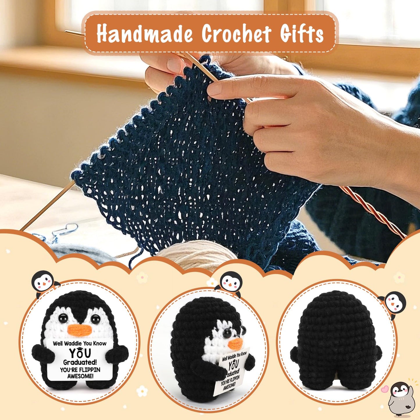 CryCarrot Graduation Gifts for Her Him, Mini Funny Handmade Crochet Penguin Graduation Gifts for Women Men, Inspirational Grad G