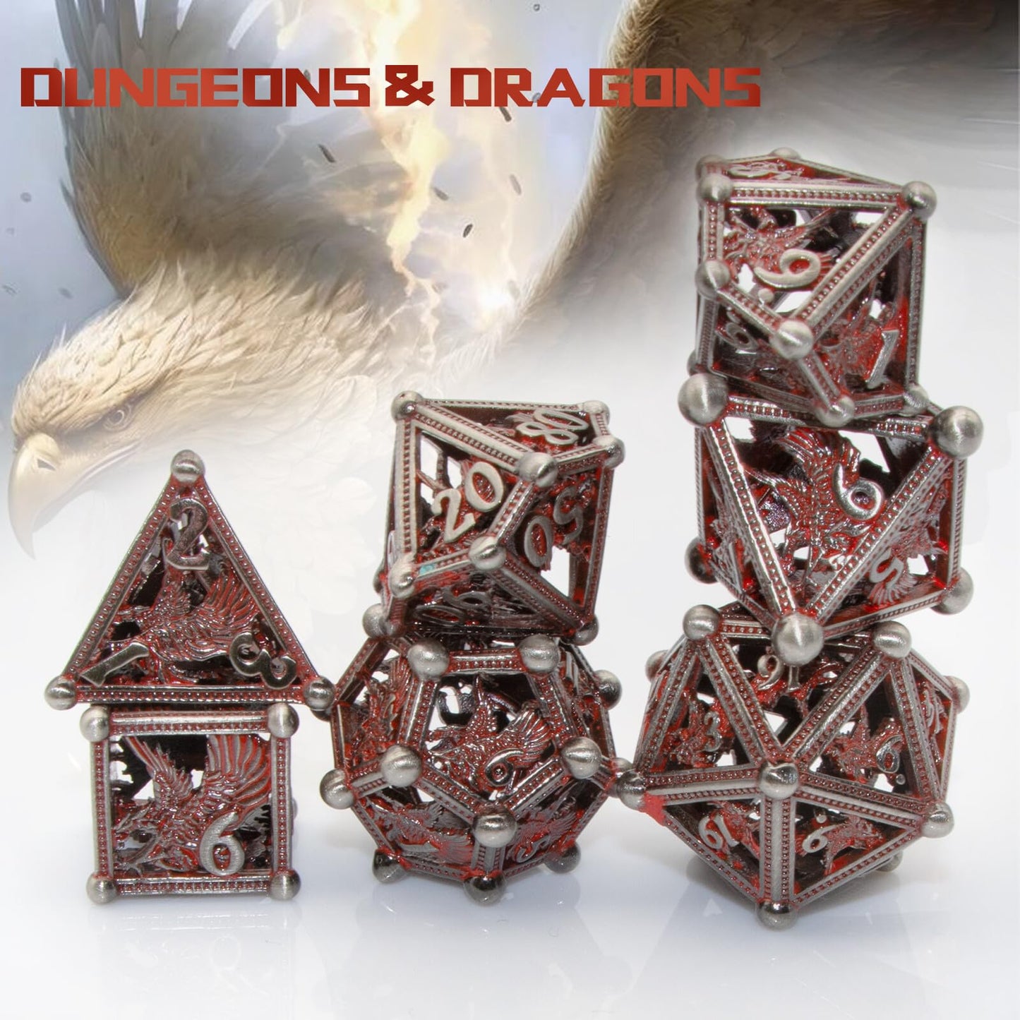 Hollow Metal Dice,HNCCESG DND Dice 3D Eagle Design of 7 pc,Game Dice for Dungeons and Dragons,D&D Dice Metal Bloody Dice Set wit