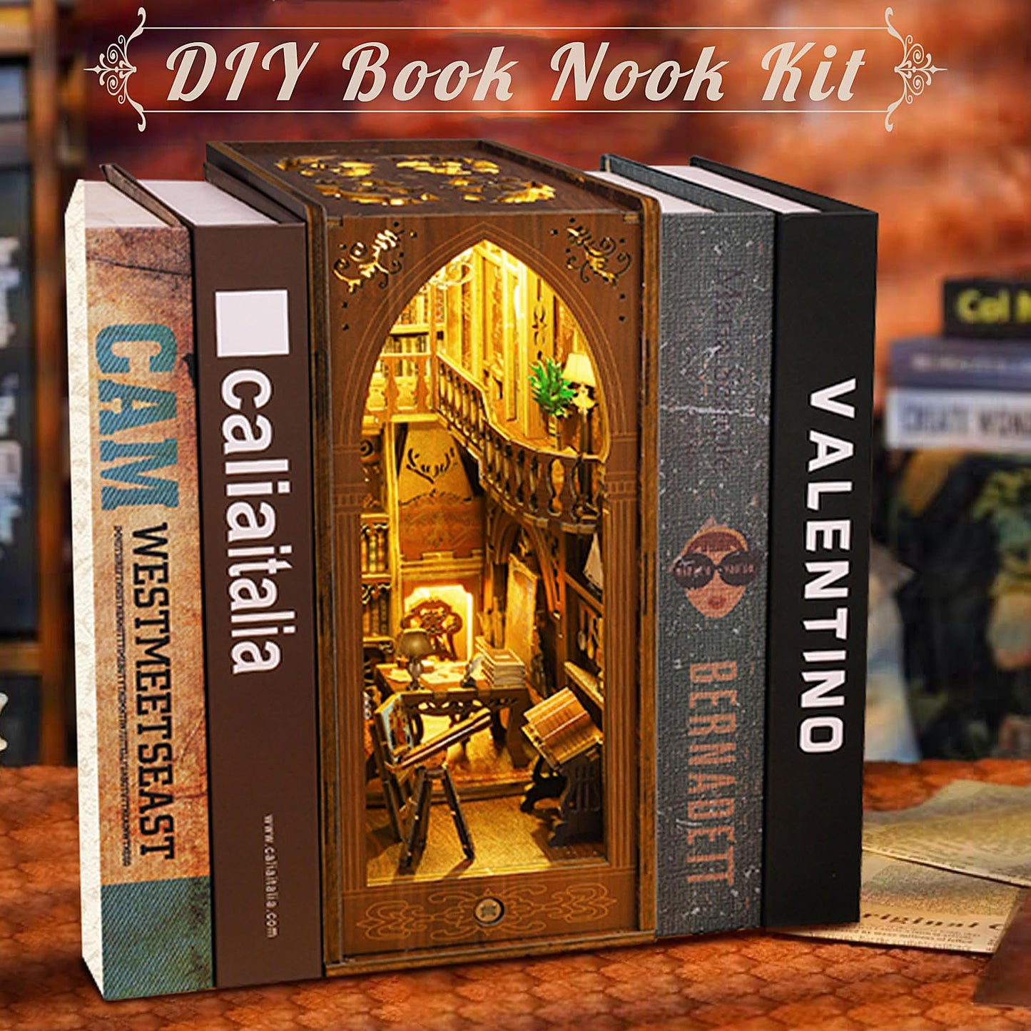 Book Nook Kit, Mojino Diy Miniature 3D Puzzle Wooden Bookends Doll House With Led Lights For Bookshelf Decor, Tiny Miniverse Mod