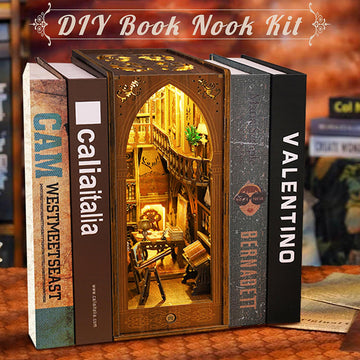 Book Nook Kit, Mojino Diy Miniature 3D Puzzle Wooden Bookends Doll House With Led Lights For Bookshelf Decor, Tiny Miniverse Mod