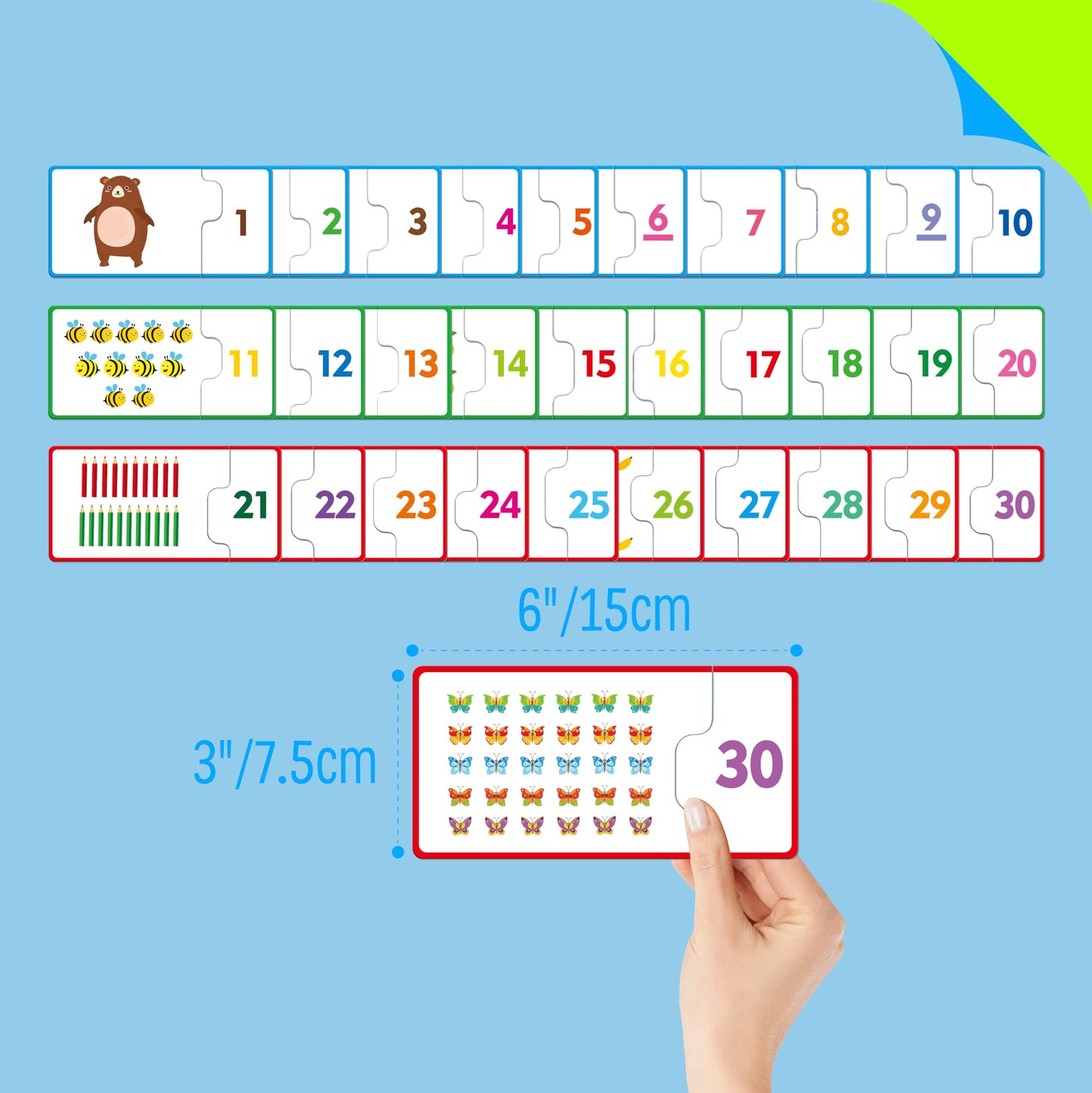 SpriteGru 1-30 Number Puzzle Games, Double-Sided Math Toy, 30 Pieces, Cardstock, Early Learning for Preschool Toddlers, Blue/Green/Red