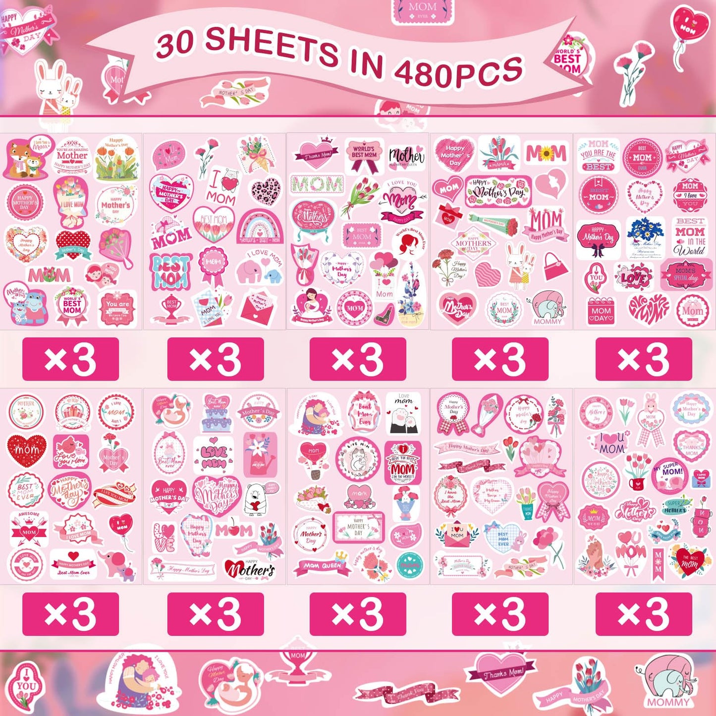 JULMELON 480PCS Happy Mothers Day Stickers, 30 Sheets Cute Mom Stickers Bulk Mothers Day Labels Stickers for Cards Envelopes DI