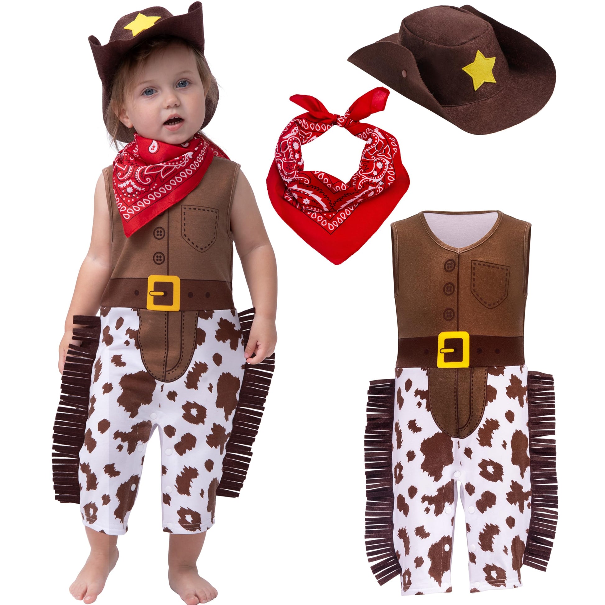 Spooktacular Creations Halloween Baby Brown Cowboy Costume, Toddler Cowboy Outfit Costume With Hat, Bandana, Jumpsuit For Halloween Cosplay Parties (3T (3-4 Yrs))