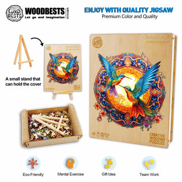 Woodbests Wooden Jigsaw Puzzle For Adults, Mandala Hummingbird Puzzle (L, 300Pcs, 13.8'X13.8') Beautiful Wooden Box, Puzzle Wood Unique Shape, Birthday Gifts For Adults And Kids Family Game