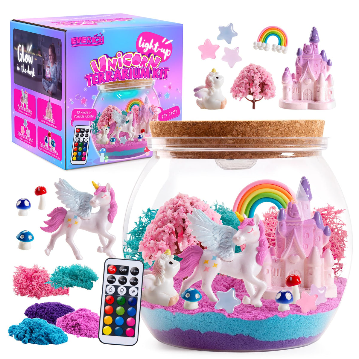 EVERICH TOY Unicorn Terrarium Kit for Girls Ages 412, LightUp DIY Fairy Garden Craft Kit with RemoteControl LED Night Light, 