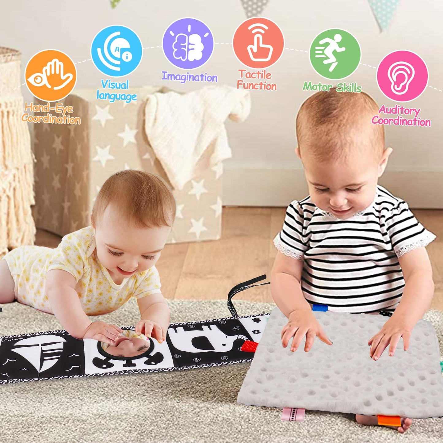 2 Pcs Black And White High Contrast Baby Toys 0-6 Months Soft Crinkle Book For Early Education Montessori Sensory Toys For Newborn Brain Development Tummy Time Mirror Infant Toys 6-12 Months Gifts