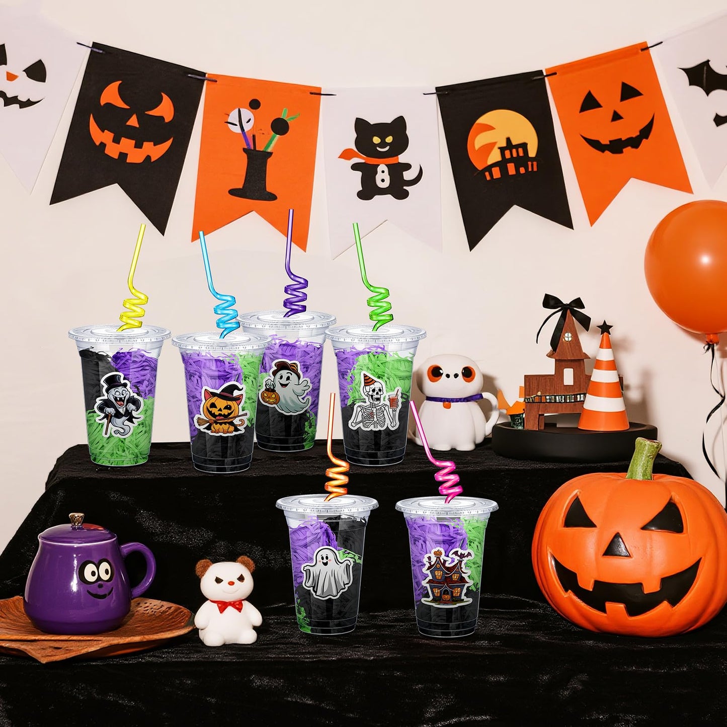Qinyoung 24 Set Creative Halloween Classroom Favor Trick or Treat Plastic Cup with Lid Colorful Straw Sticker and Raffia Treat L