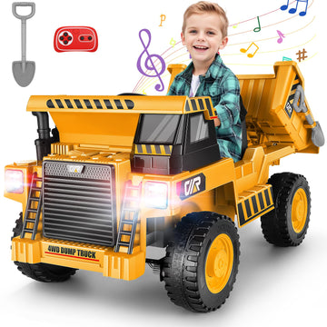 Hikole Ride On Dump Truck For Kids, Electric Cars With Remote Control, Dump Bed, Shovel, Bluetooth, Music Player, Ride On Construction Vehicles For Kids 4-8, Yellow