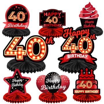 Happy 40th Birthday Red and Black Table Honeycomb Centerpieces Balloons Theme Decor Table Decorations Table Toppers for Girls Wo