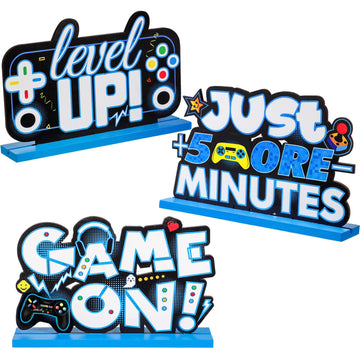 Frienda 3 Pcs Video Games Party Decorations Wood Table Level Up Birthday Decorations Gamer Party Centerpieces Pixelated Table Sign For Boys Kids Birthday Party(Blue)