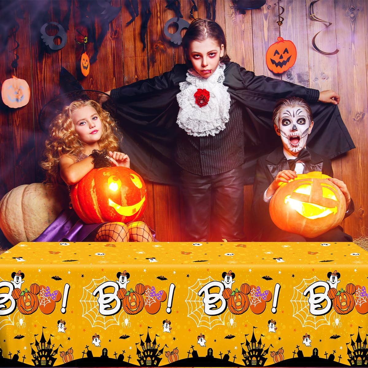 Gupesxu Mouse Halloween Party Decorations-3pcs Happy Boo Day Tablecloth, Yellow Pumpkin Ghost Mouse Halloween Tablecloth for Kid