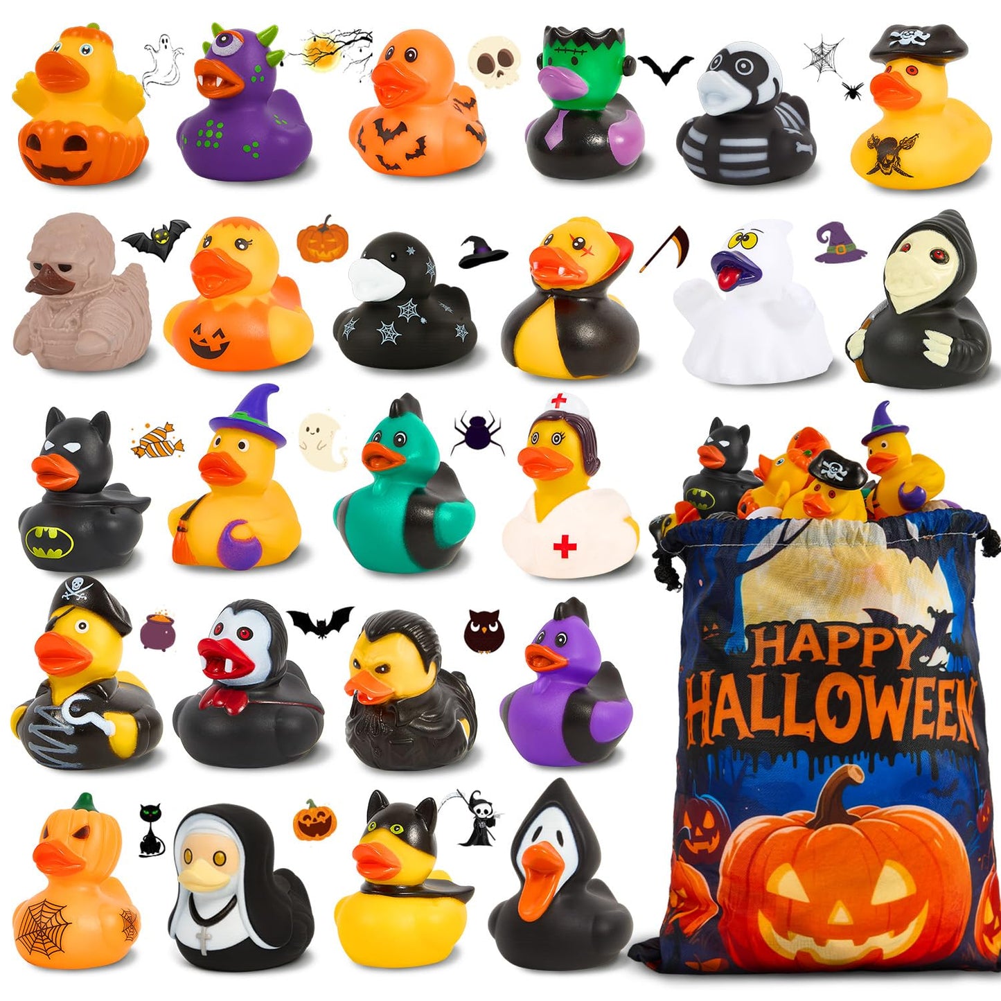 24 Pack Rubber Ducks Jeep Ducking with a Bag- 2 Halloween Assortment Duckies for Jeep Duck Halloween Themed Cruise Duck for Pool  Party Favors  Birthday Gifts  Classroom Incentives  Kids Bath Toys