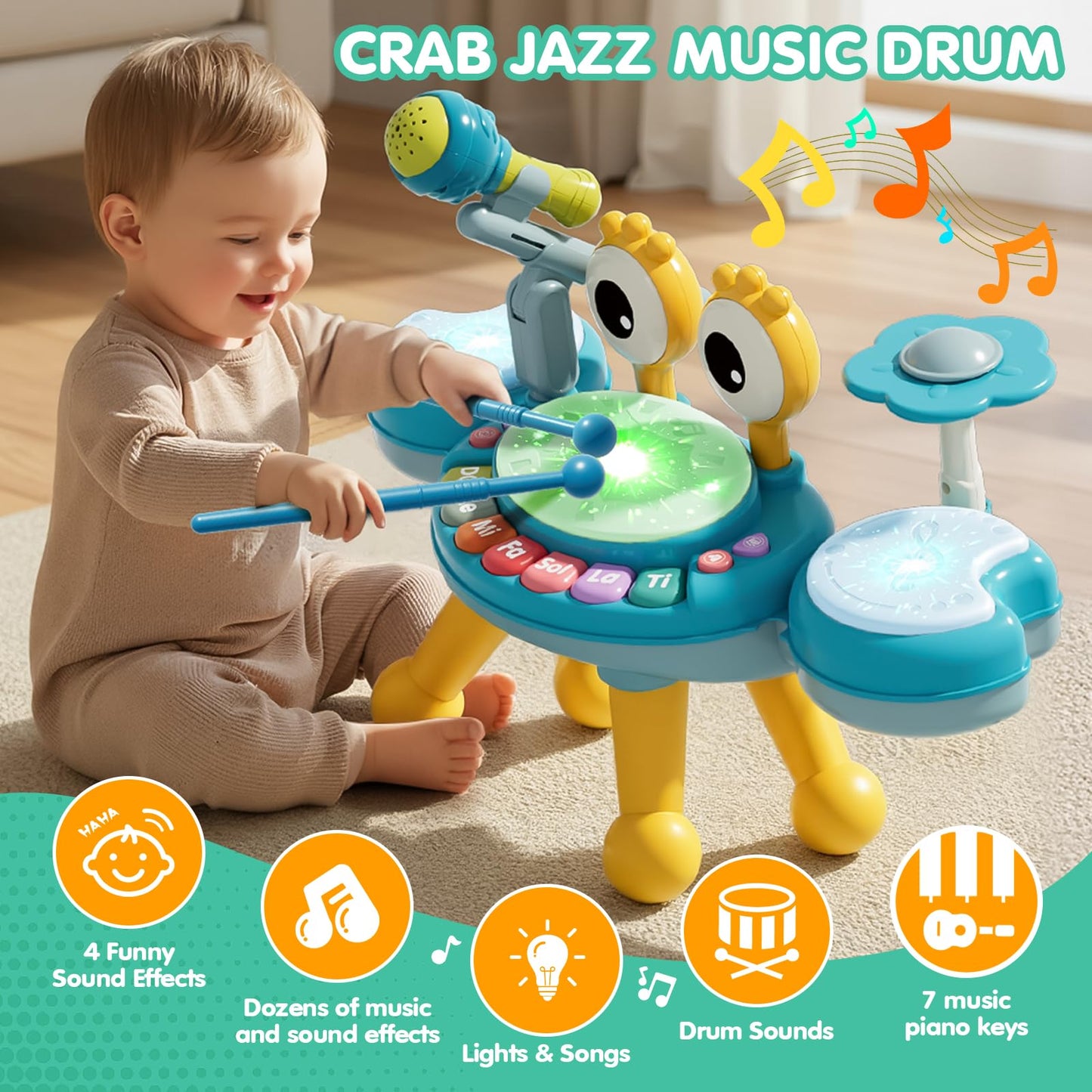 Zsinb Toddler Drum Set with Microphone, Small, Blue, Plastic, Model BY-6233, Ideal Musical Toy for 1-3 Year Olds, Birthday Gift