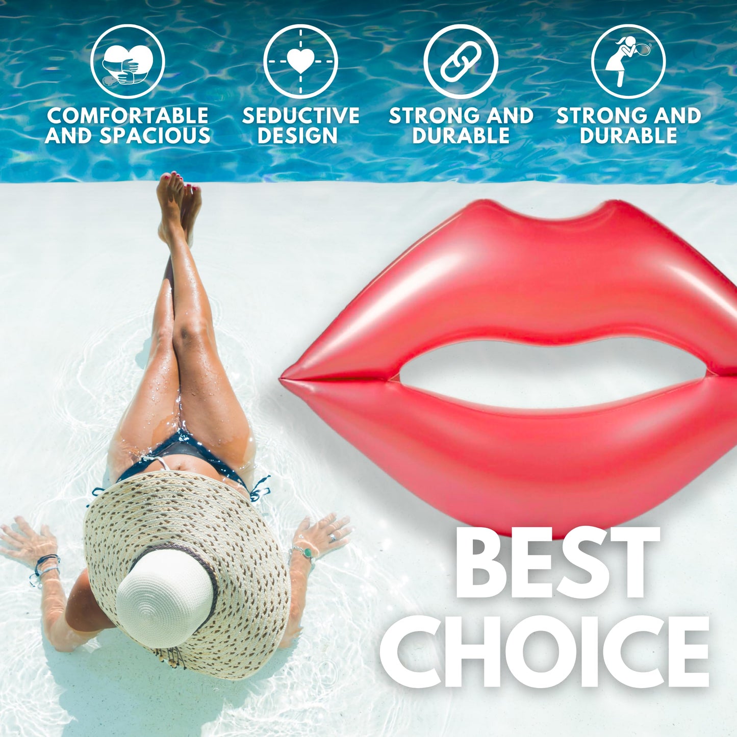 Giant Red Lips Pool Float - Extra Large mature-themed Water Lounger 70.86x62.99 Inch Large Pool Float Inflatable Mouth Print Row Water Toy Rest Swimming Red Lounger for Party
