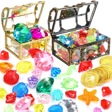 Marforever 70 Pcs Diving Gem Pool Toys -10 Colorful Big Acrylic Diamond Pool Gem Set With 2 Treasure Pirate Boxes Summer Swimmin