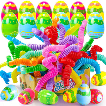 Skirfy 12 Pack Filled Easter Eggs Easter Basket Stuffers For Kids Toddlers With Pop Tubes,Party Favors For Boys Girls