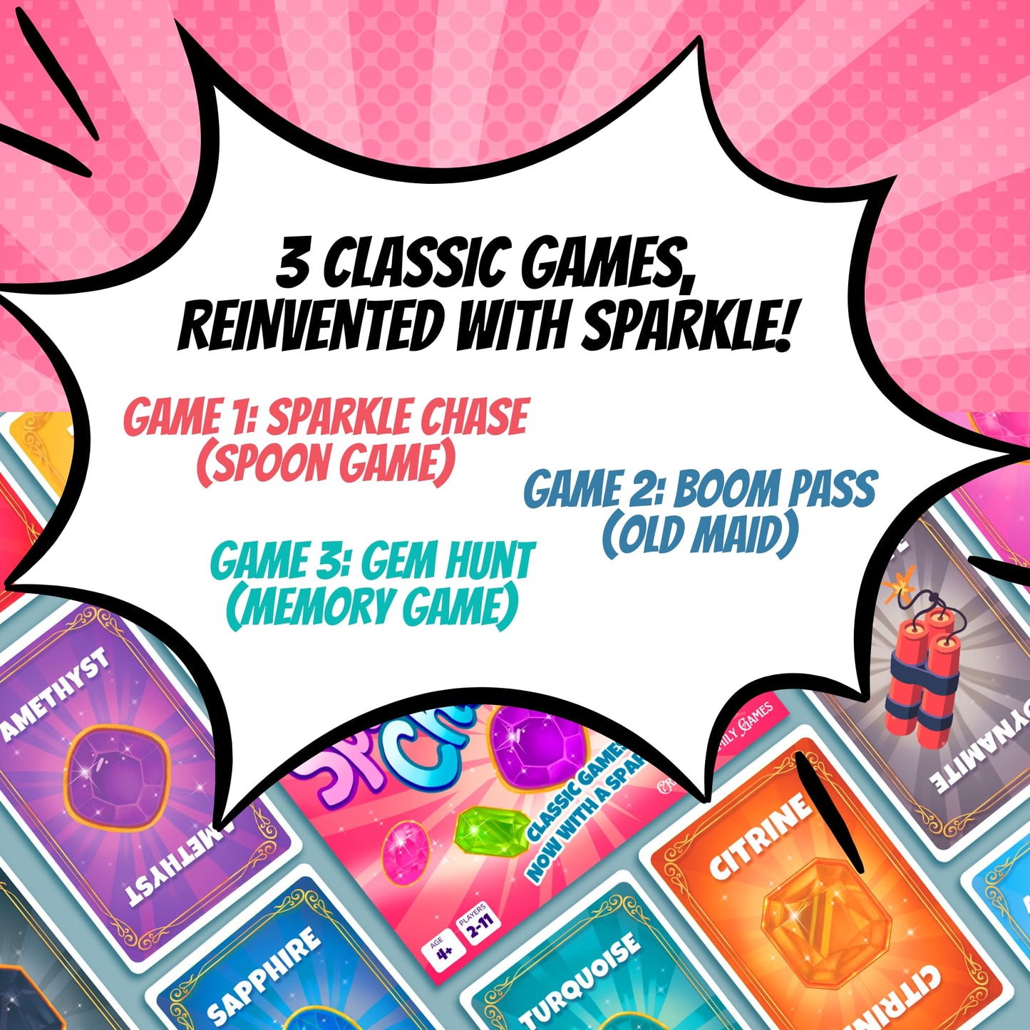 Sparkle Chase - Fast-Paced Family Card Game | Spoons And Old Maid Games | 3 Games In 1 | Fun For Kids & Adults | Matching, Strat
