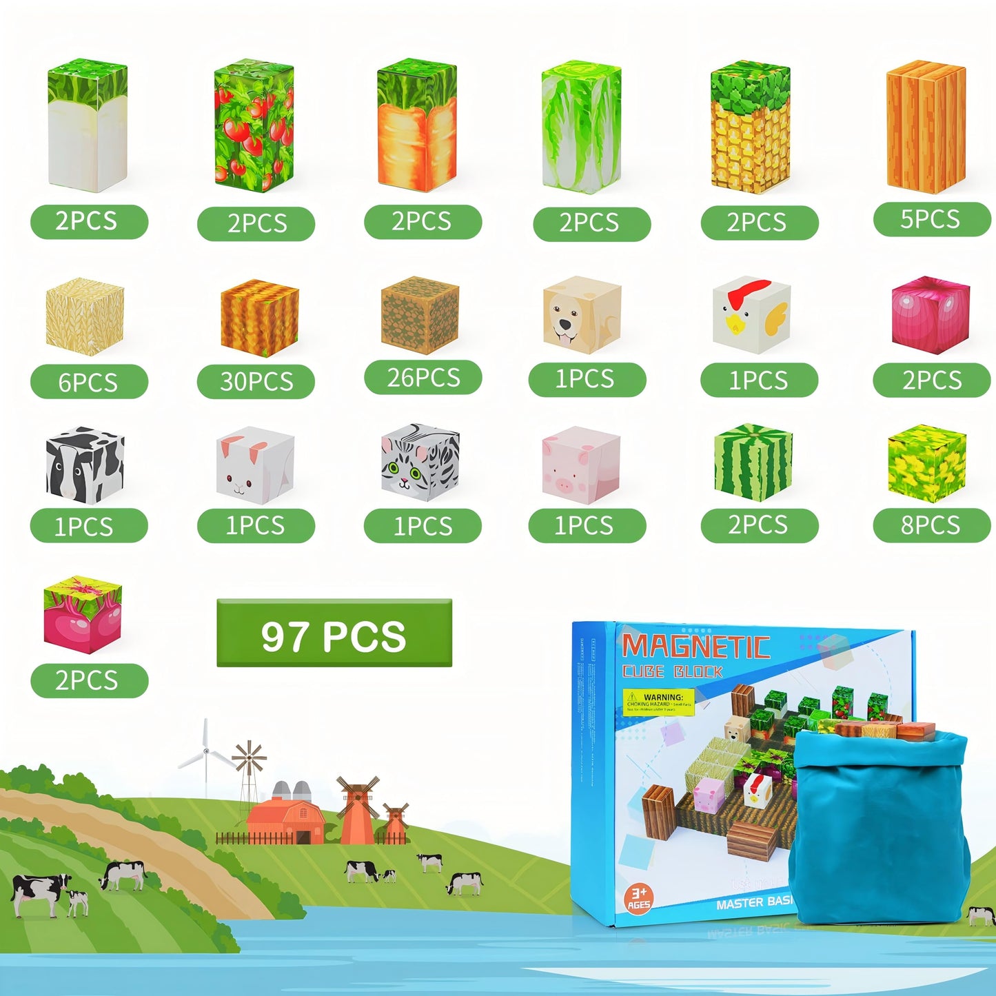 Aesgogo Magnetic Blocks, 97Pcs Magnetic Building Blocks Magnetic Tiles Stacking, Build Magnet Toys For Toddlers Kids 3+, Stem Montessori Sensory Birthday Gifts For Boys Girls Age 3 4 5 6 7 8