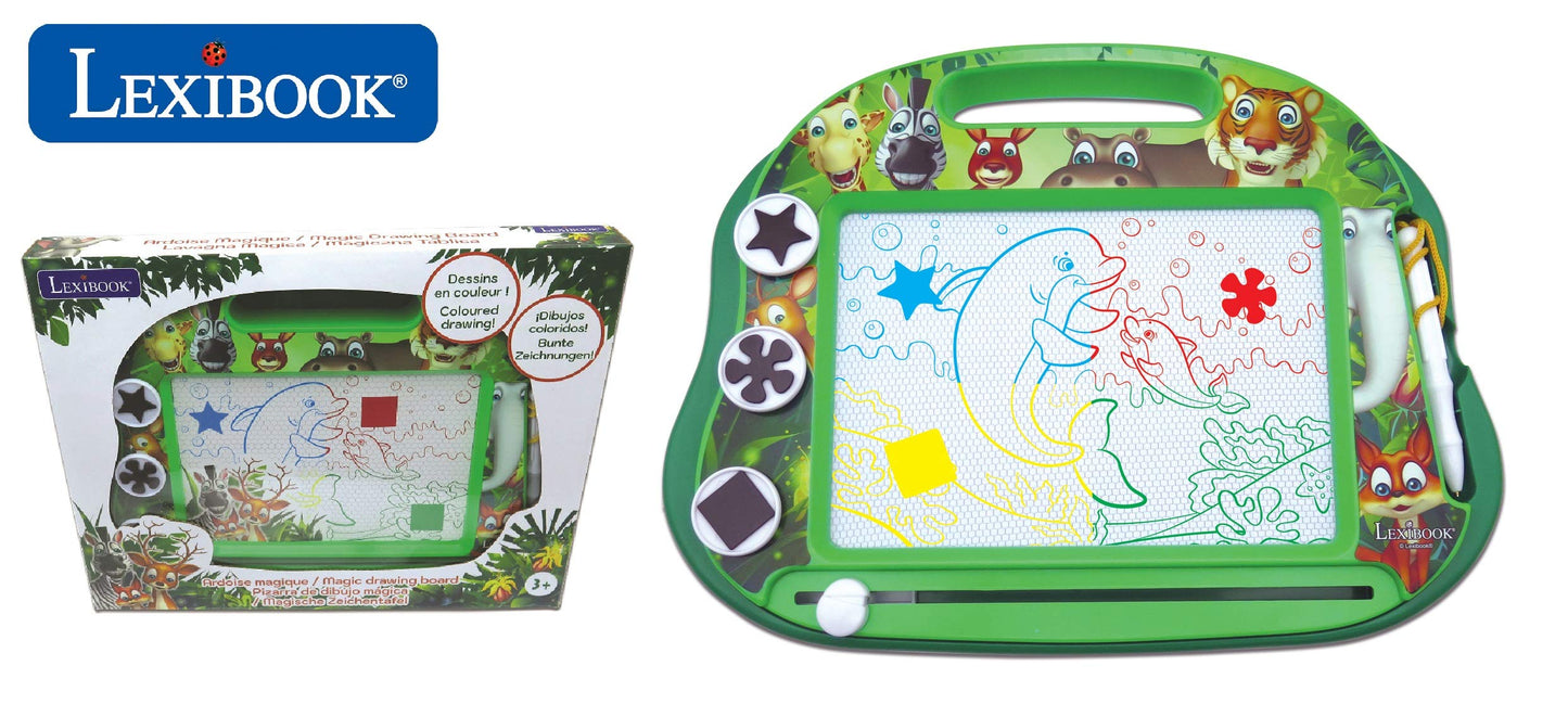 LEXiBOOK, Multicolor Magic Magnetic Animals Drawing Board, Artistic Creative Toy for Girls and Boys, Stylus Pen and Stamps, Gree