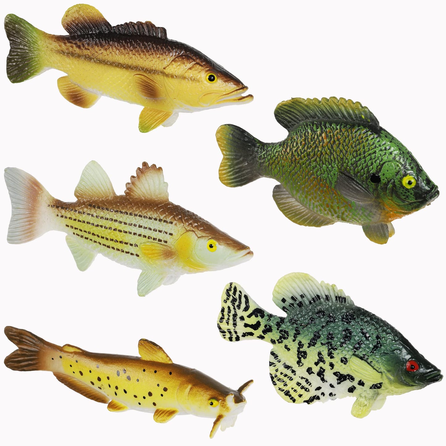 Toy Fish Factory American Angler Toy Fish Set - Miniature Largemouth Bass, Crappie, Bluegill, Catfish, Striped Bass - Multicolor, Plastic