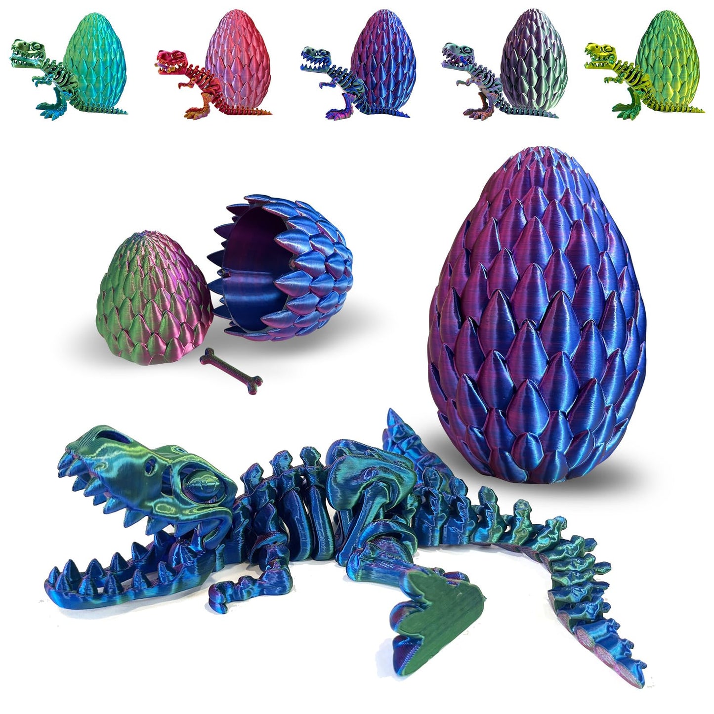 3D Printed Dinosaur Toy, 3D Printed Skeleton Dinosaur Egg With Articulated Tyrannosaurus Rex, Mystery Crystal Dinosaur Flexible Rexi Toys With Bone, Articulated Fidget Dragon For Autism/Adhd