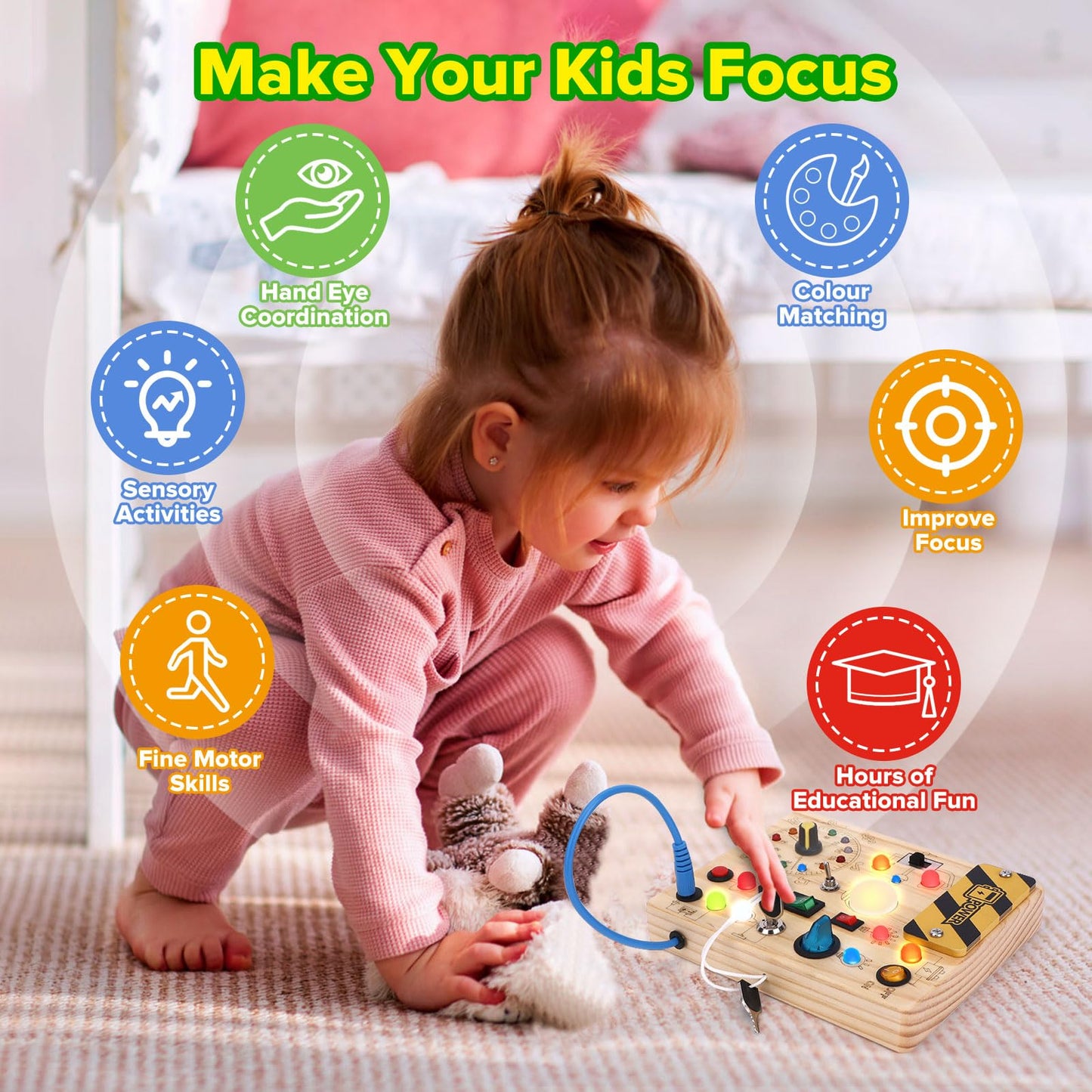 Wakelnsa Montessori Busy Board,Montessori Toys For 1-3 Years Old,Baby Sensory Board,Preschool Learning Activities,Wooden Toys Fo
