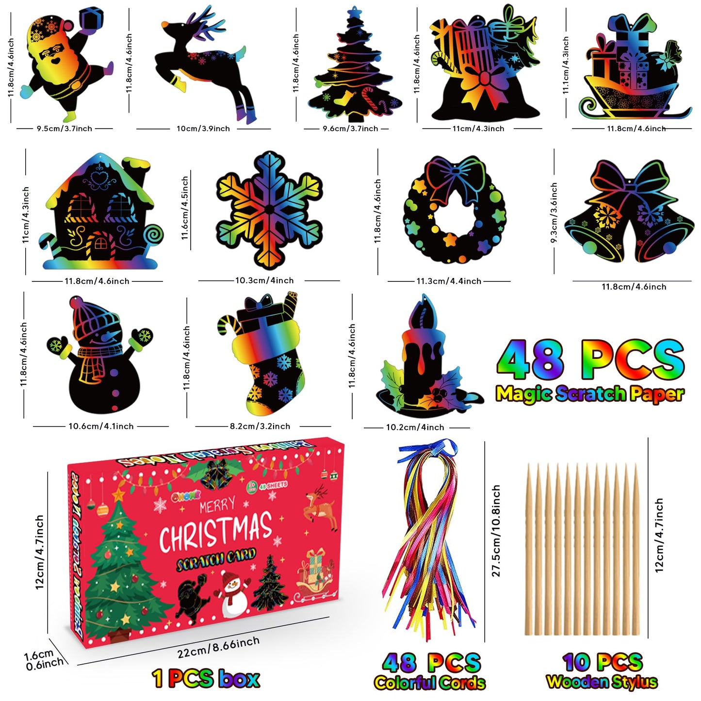 Stocking Stuffers - 48 PCS Rainbow Scratch Paper Cards Set | Christmas Crafts Toys Game for Kids - Christmas Gifts Ornaments Par