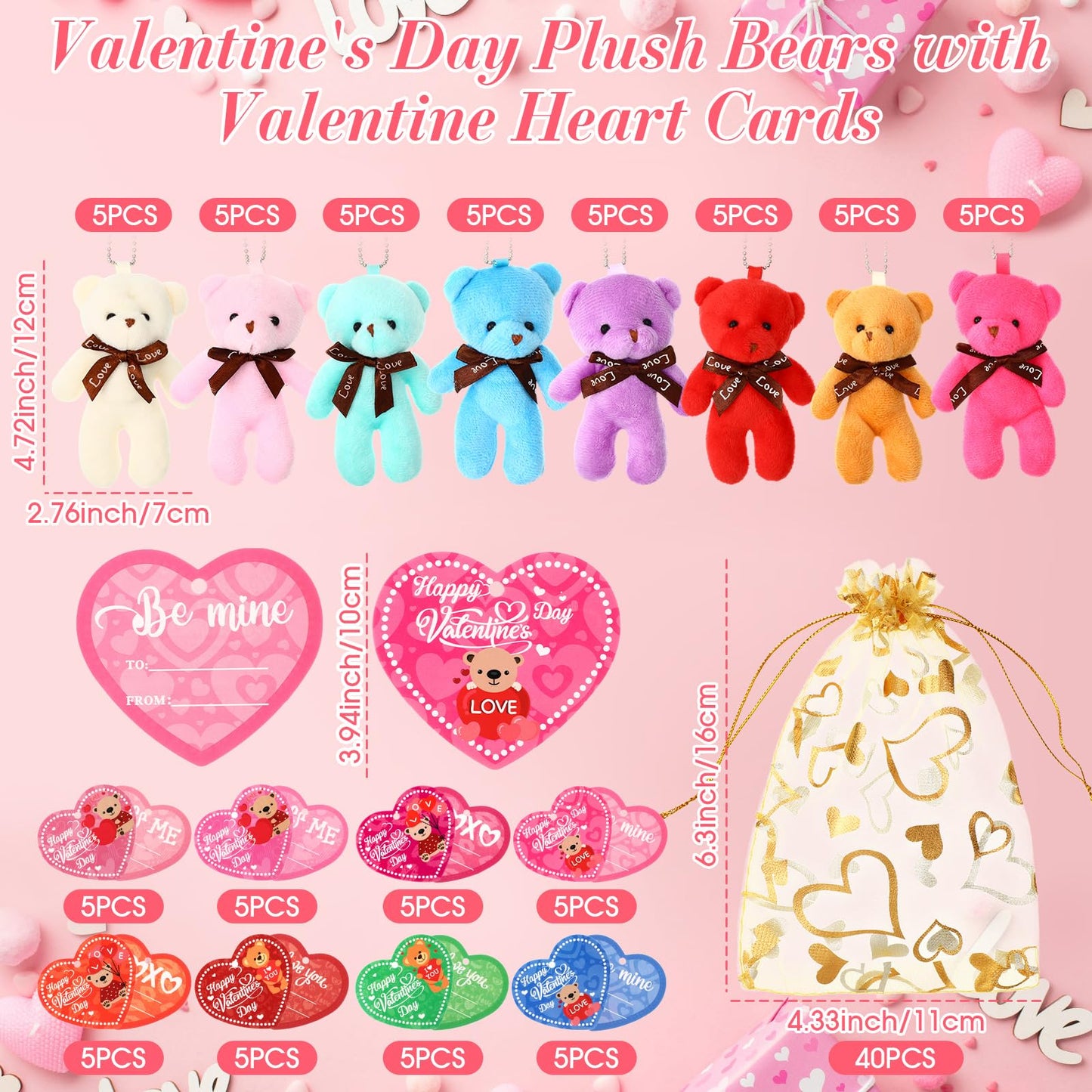 Blueweenly 40 Pack Valentine'S Day Mini Plush Bears With Heart Cards And Organza Bags 4.7 Inch Small Stuffed Bear For Valentine'