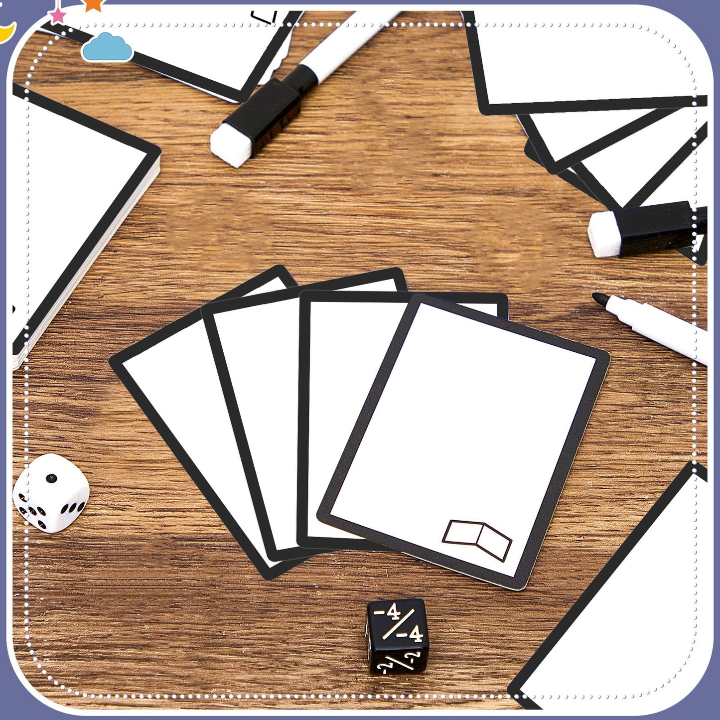 Teling 50 Pcs Multifunctional Tokens Dry Erase Cards Reusable Cards Blank Playing White Flash Erasable Index Bulk With 5 Black Marker Pens For Diy Games, Office, Housework