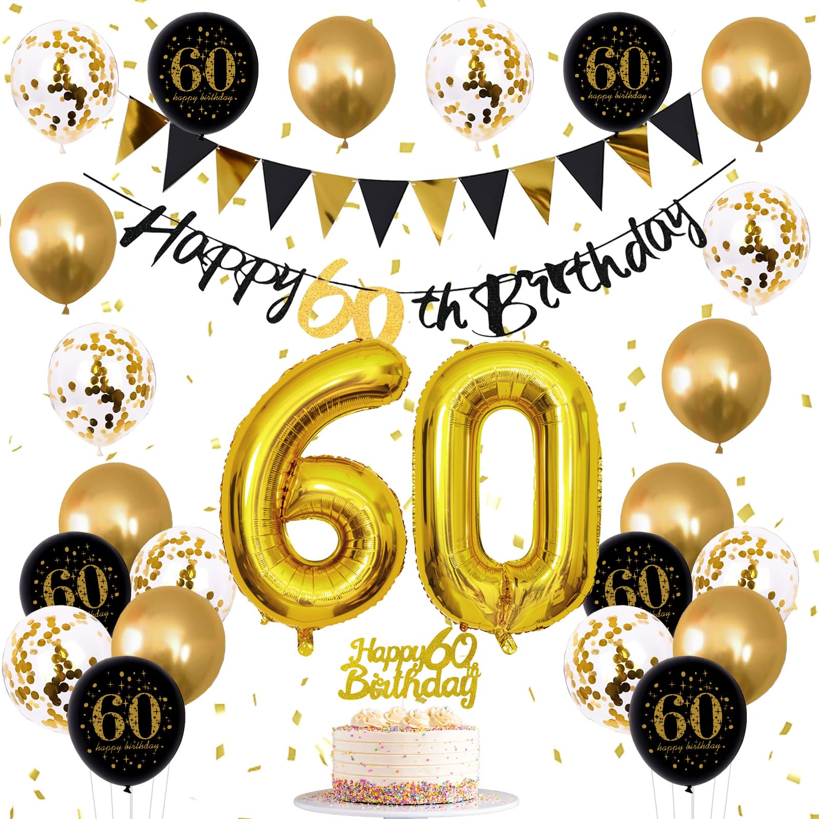 Jobkoo 60Th Birthday Decorations, Black Gold 60Th Birthday Party Decoration For Men Women Golden Black Birthday Balloons 60Th Ca