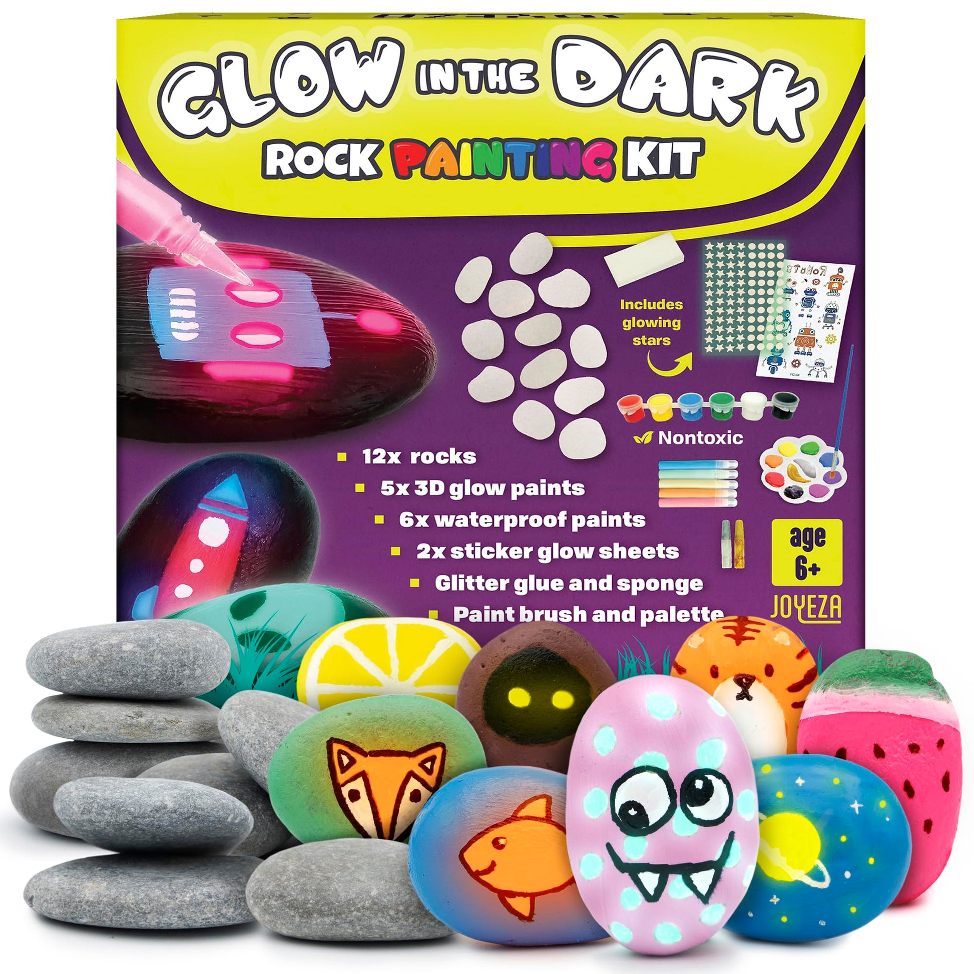 JOYEZA Rock Painting Kit Glow in The Dark, Arts and Crafts for Girls and Boys Age 6+, 12 Painting Rocks for Kids, Waterproof Pai