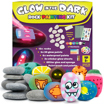 JOYEZA Rock Painting Kit Glow in The Dark, Arts and Crafts for Girls and Boys Age 6+, 12 Painting Rocks for Kids, Waterproof Pai