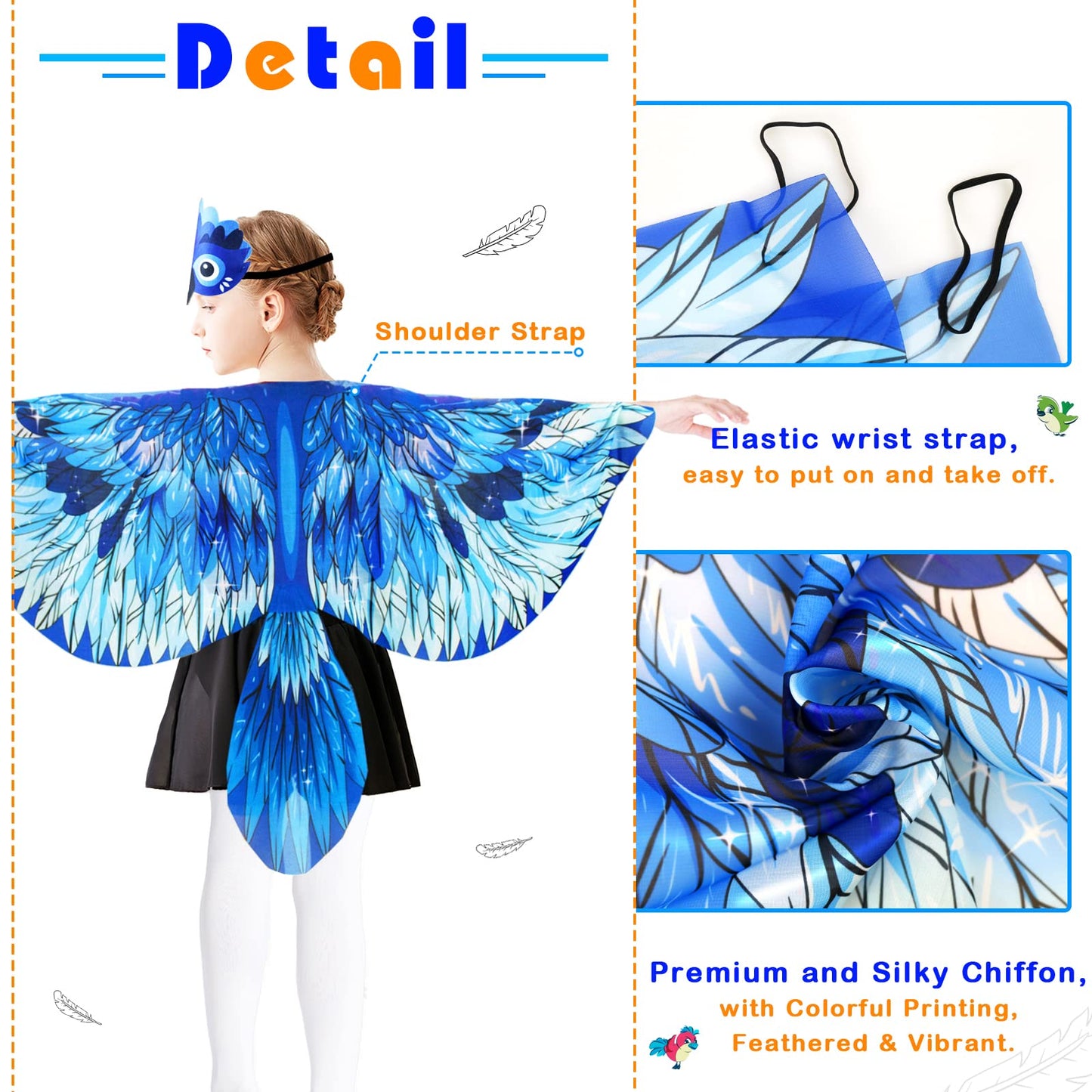 Irolewin Bird-Wings-Costume For Kids And Headband, Eagle-Parrot Dress-Up-Wings For Girls Boys Halloween-Party Favors (Blue)