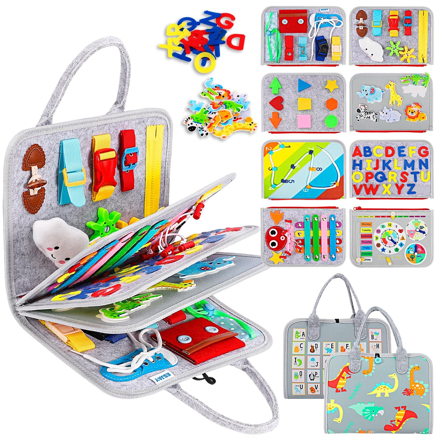Esjay Toddler Busy Board Montessori Toys, Sensory Board Educational Activities For Learning Fine Motor Skills, Gifts For Girls Boys Toddlers, Travel Toys For Airplane Car,Grey Dinosaur